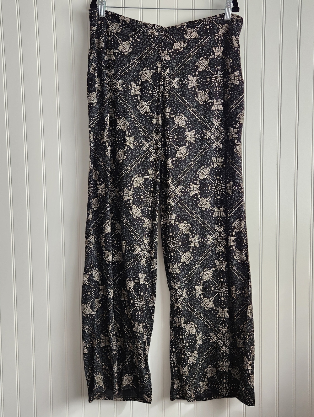 New DISTURBIA Black Poem Moth Printed Wide Leg Trousers Goth Size Large